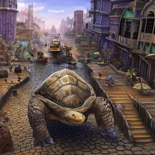 Image similar to fantasy city on a giant tortoise's back while the tortoise walks through a wasteland. The city has streets and markets, Realistic. Hyper detailed.