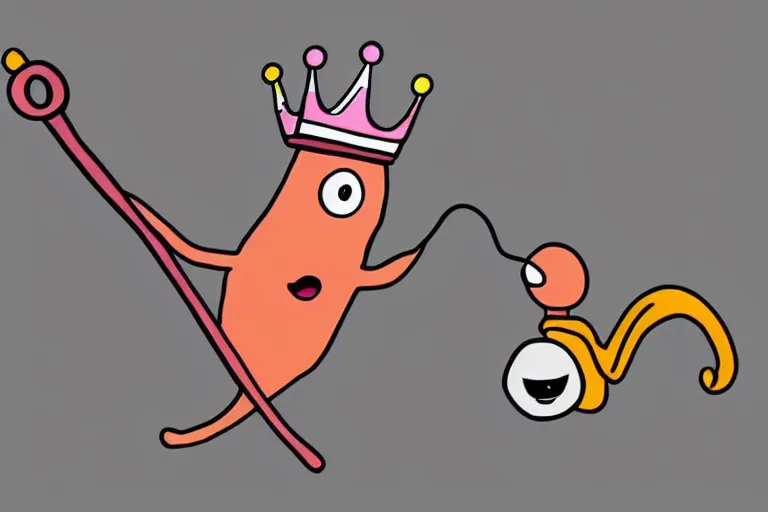 Image similar to kidney bean holding a staff, wearing crown, cartoon character, digital art, fun,