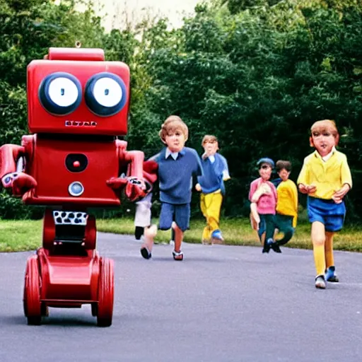 Image similar to in the style of 1960s, scary robot chasing kids