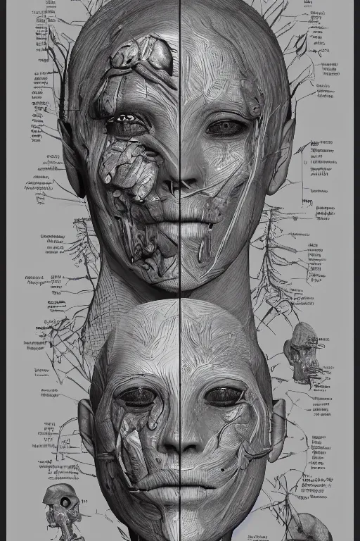 Image similar to french facial anatomy with gunmetal grey skin, medical anatomy, very symmetrical face, highly detailed, three - perspective / three - view reference sheet ( front / back / side ), in the style of dan ouellette, steven jung, amanda lilleston, hr giger, sil from species, dren from splice, mecha, artstation, unreal engine