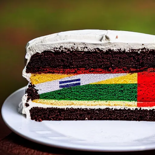 Image similar to slice of cake, the cake has the pattern of the south african flag, south african, realistic photograph