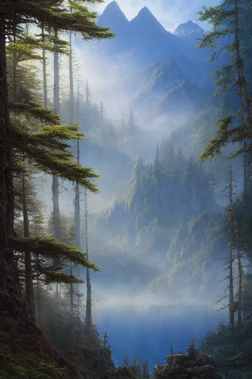 Image similar to painting of a mountains landscape with a blue lake and a dense pines forest, a detailed matte painting by christophe vacher, matte painting, ultra detailed, matte drawing