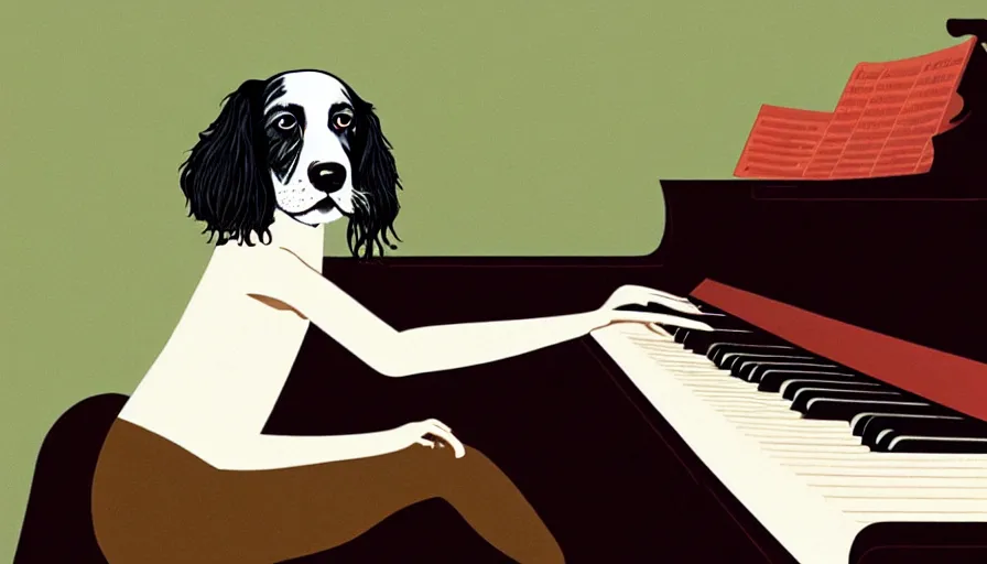 Prompt: sprocker Spaniel , playing a piano.Martini on the side, illustration. Artwork. Niore