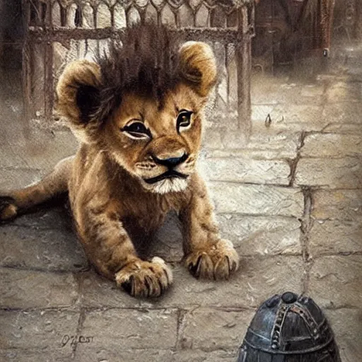 Prompt: adorable lion cub in a cage on a medieval fantasy market, oil painting, by greg rutkowski