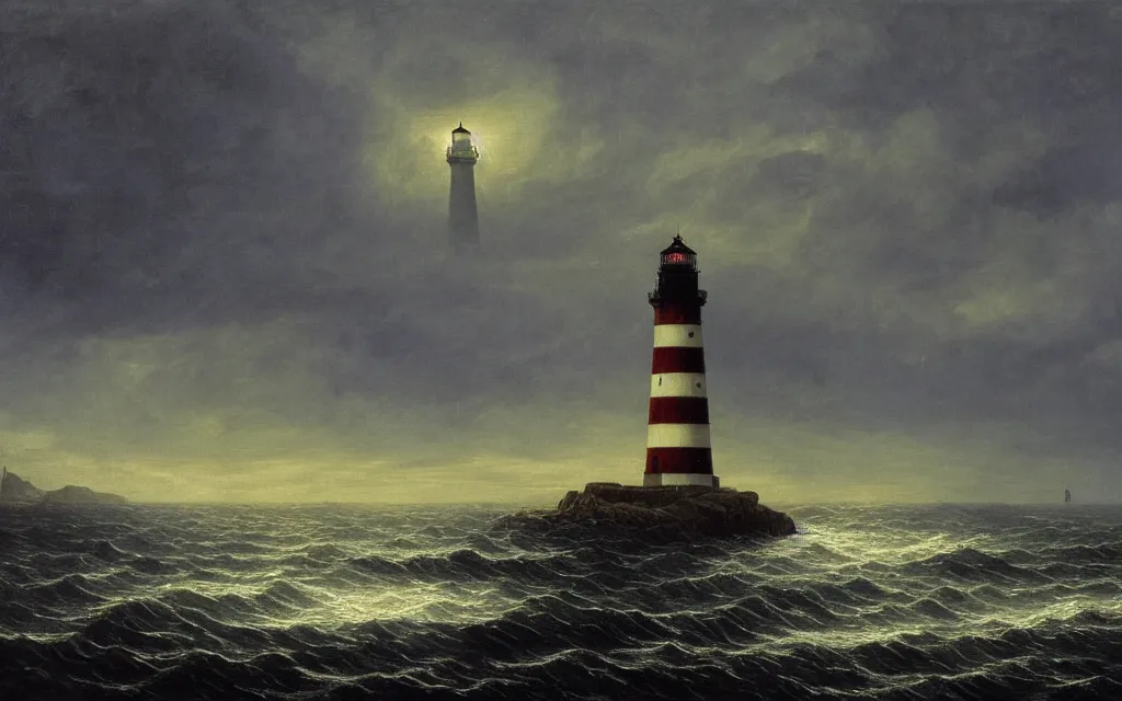 Prompt: a painting of a lighthouse in the middle of the ocean, a matte painting by Caspar David Friedrich, deviantart, gothic art, apocalypse landscape, atmospheric, nightscape