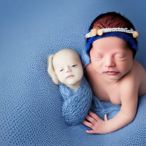 Image similar to beautiful photography of newborn, blue colors, hyper realistic, 8 0 mm, studio lighting