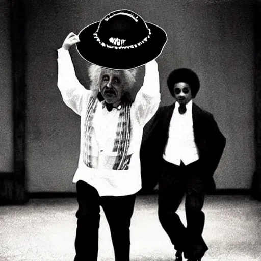 Prompt: “Albert Einstein moonwalking like Michael Jackson with a sombrero on his head”