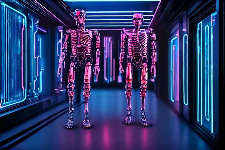 Prompt: high detailed terminator without flesh, staying in front of data center room, 1 6 mm, high detail, cold neon light, bladerunner 2 0 4 9 colors, sharp