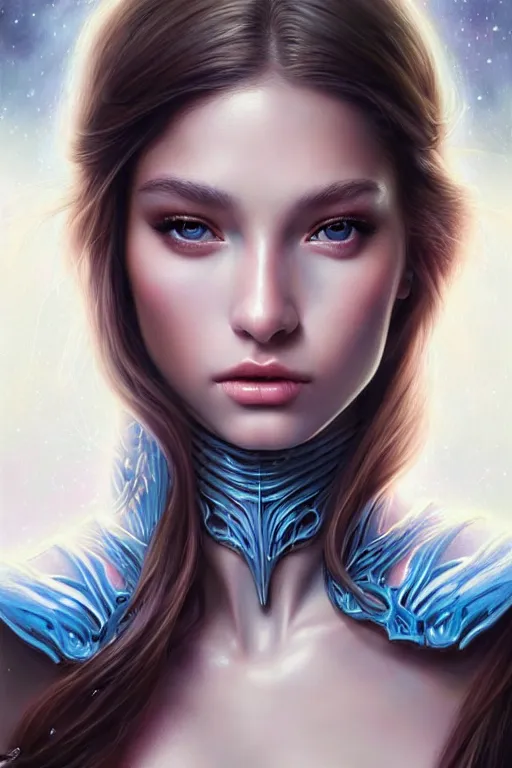 Image similar to a photorealistic painting of an attractive young girl, partially clothed in ethereal armor emitting psychic powers, beautiful bone structure, perfectly proportioned face, perfect eyes, intricate, elegant, highly detailed, hyper detailed, trending on tumblr, by artgerm, by loish, fantasy scene, fantasy aesthetic, trending on Artstation