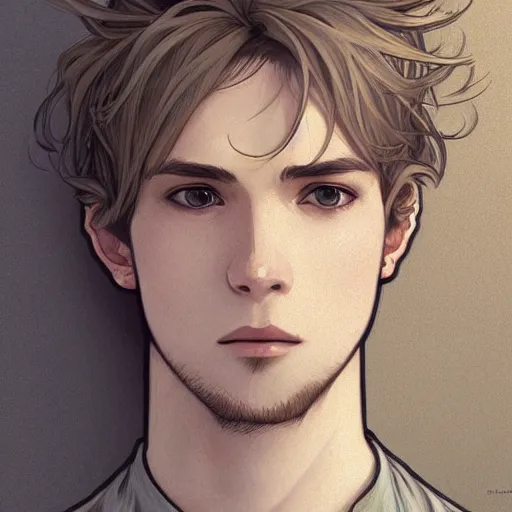 Image similar to young man with short, ash blond greyish hair, light brown eyes, casual clothes, relaxing, happy, path traced, highly detailed, high quality, digital painting, by studio ghibli and alphonse mucha, leesha hannigan, beautiful details, soft and warm