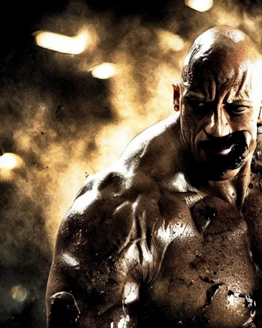 Image similar to film still close up shot of dwayne johnson as bane from the movie the dark knight rises. photographic, photography