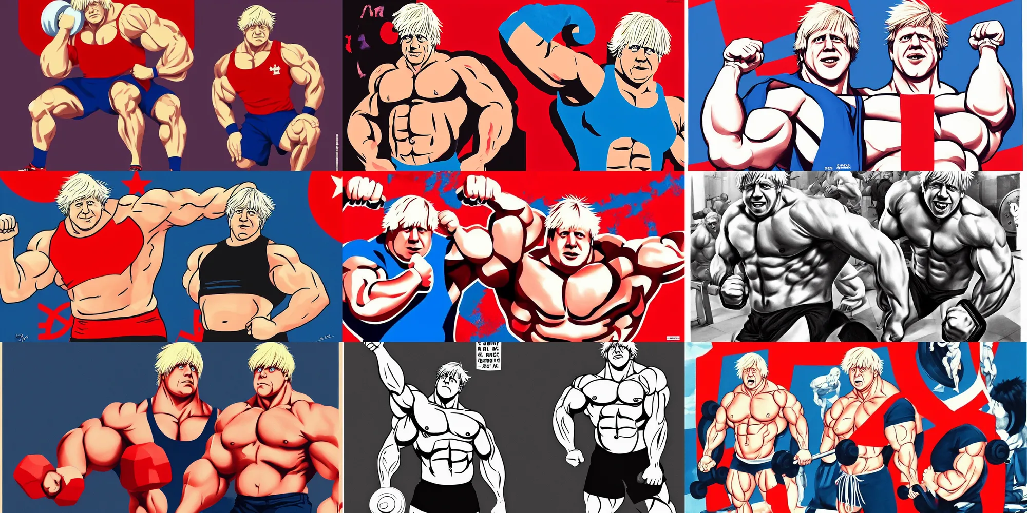 Prompt: a very strong boris johnson in the gym, big muscles, anime, illustration, hyper realistic, ussr propaganda poster