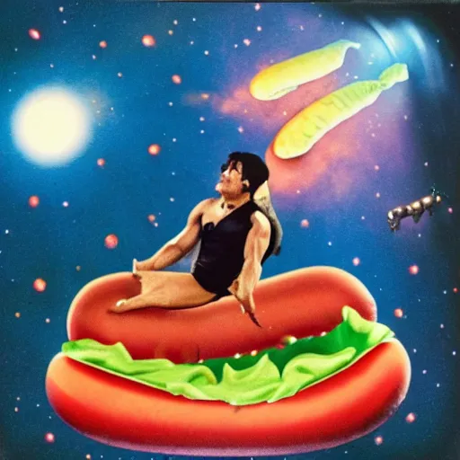 Image similar to danzig riding a giant hotdog through space in technicolor