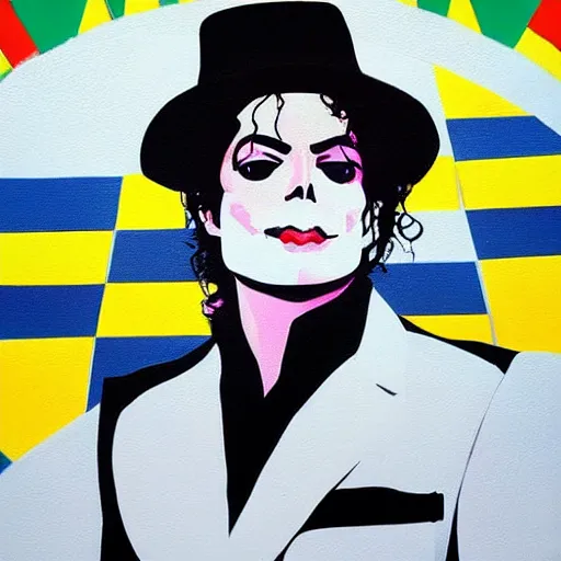 Prompt: paining of Michael Jackson moon walking, white suit and hat, pop art, trending on Artstation