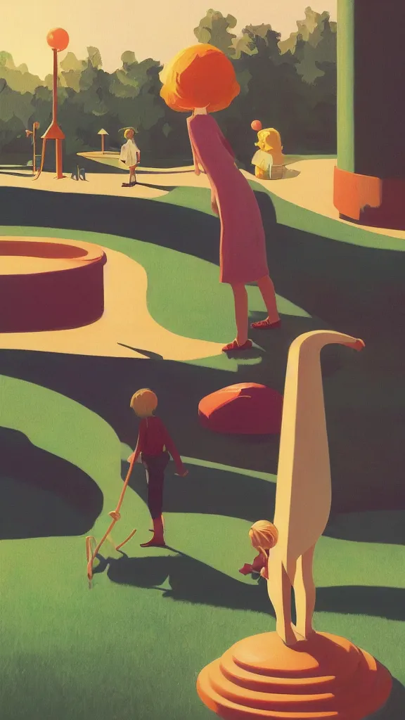Prompt: tall blonde girl alone in playground, fun whimsical surreal illustration, by atey ghailan and escher and edward hopper,