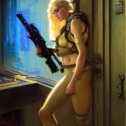 Prompt: portrait of beautiful blonde female sniper with blue eyes in front of room door. shadowrun cyberpunk fantasy d & d painting by gaston bussiere craig mullins jc leyendecker gustav klimt artgerm greg rutkowski john berkey, bergey, craig mullins, ruan jia, raymond swanland, tom lovell fortnite