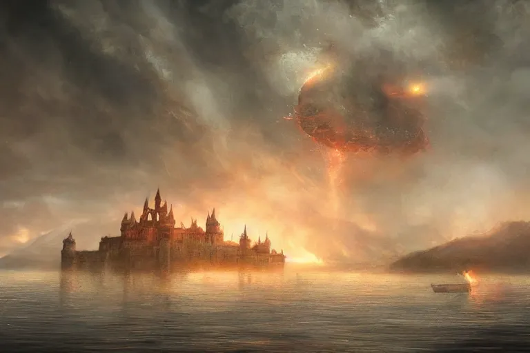 Prompt: a mysterious castle floating in the middle of a vast lake by a farm and a large fiery meteor enters the atmosphere through a gap in the clouds, cinematic lighting, ultra realistic by sabbas apterus