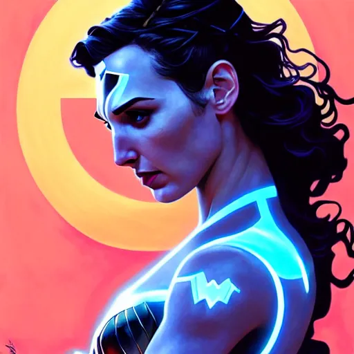 Prompt: Character Portrait Gal Gadot as Avatar Na’vi surrounded by geometric nodes, face, fantasy, intricate, elegant, highly detailed, digital painting, artstation, con*cept art, smooth, sharp focus, illustration, art by Greg Manchess and Fernanda Suarez and Artem Demura and alphonse mucha