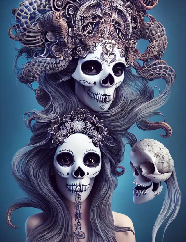 Image similar to 3 d goddess skull half - turn portrait with long hair with ram skull. beautiful intricately detailed japanese crow kitsune mask and clasical japanese kimono. betta fish, jellyfish phoenix, bio luminescent, plasma, ice, water, wind, creature, artwork by tooth wu and wlop and beeple and greg rutkowski