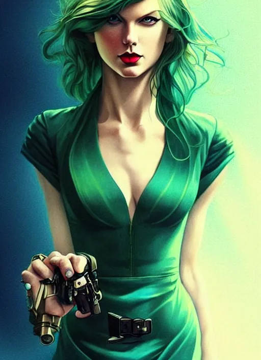 Prompt: style artgerm, joshua middleton, taylor swift with green dress, very long blue hair, symmetrical face, symmetrical eyes, steampunk western gunslinger with cyborg arm, cinematic lighting