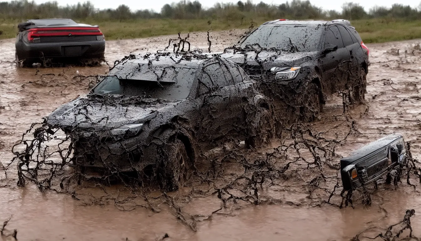 Image similar to bodycam of high speed chase trough mud with trycicles, very detailed, realistic, 4 k