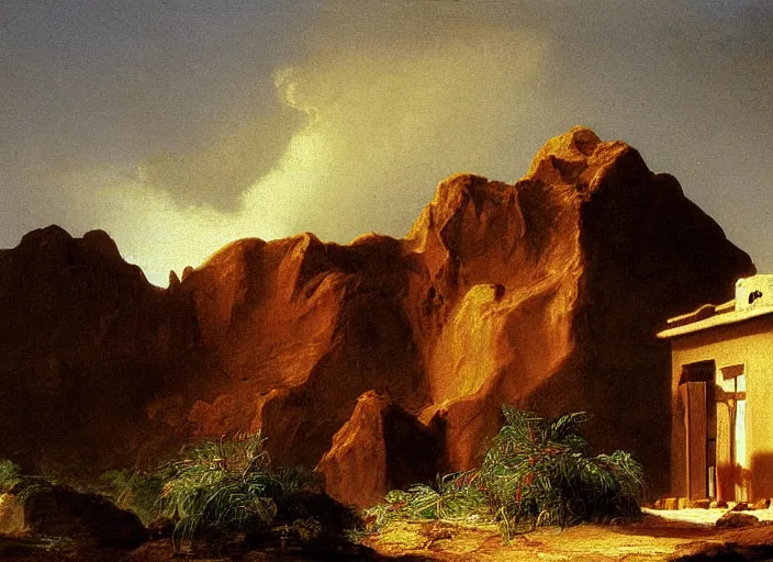 Image similar to painting of a sigeru ban house in the desert by thomas cole