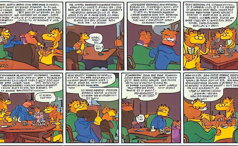 Image similar to a 3 panel Garfield comic. The first panel is Garfield sitting at a table with a speech bubble saying “There’s nothing happening”. The second panel is Jon Arbuckle talking to Garfield at the table with a speech bubble saying “I finally got the wildfire in my sock drawer under control!”. The third panel is Garfield at the table with a speech bubble saying “Out of the ordinary, I mean.”