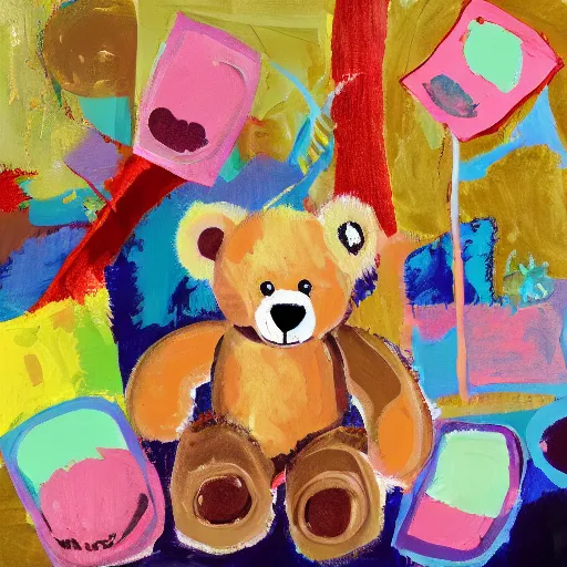 Image similar to teddy bear picnic with big macs, impressionist and abstract paint, modern art