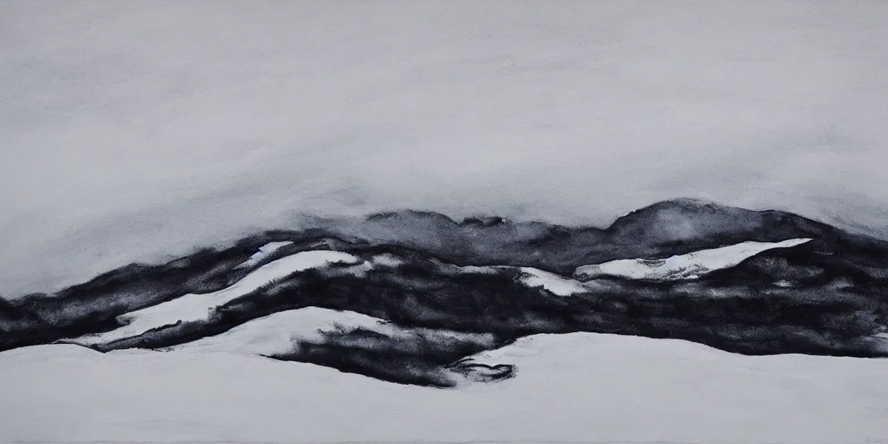 Prompt: laurentian mountains in winter, semi - abstract black ink landscape painting