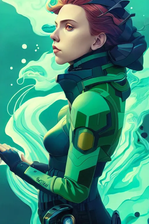 Image similar to style artgerm, joshua middleton, illustration, scarlett johansson as artificer wearing green pelt light armor, anime eyes, blue hair, swirling water cosmos, fantasy, dnd, cinematic lighting