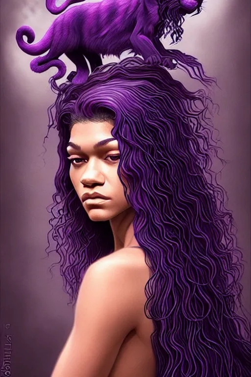 Image similar to zendaya with wavy dark purple hair coming out of the abyss with a panther on her shoulder, ultrafine hyperrealistic fantasy oil painting, art by ida outhwaite and loish, trending on artstation, dungeons and dragons, magic the gathering, intricate linework, sharp focus, smooth, unreal engine, dramatic lighting, 8 k,