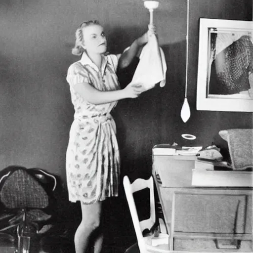 Prompt: kirsten dunst cleaning a bedroom, newspaper photograph, 1942