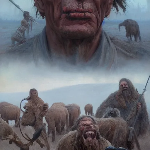 Image similar to vladimir putin, is unga bunga, mammoth hunting, macabre, by donato giancola and greg rutkowski and wayne barlow and zdzisław beksinski, realistic face, digital art