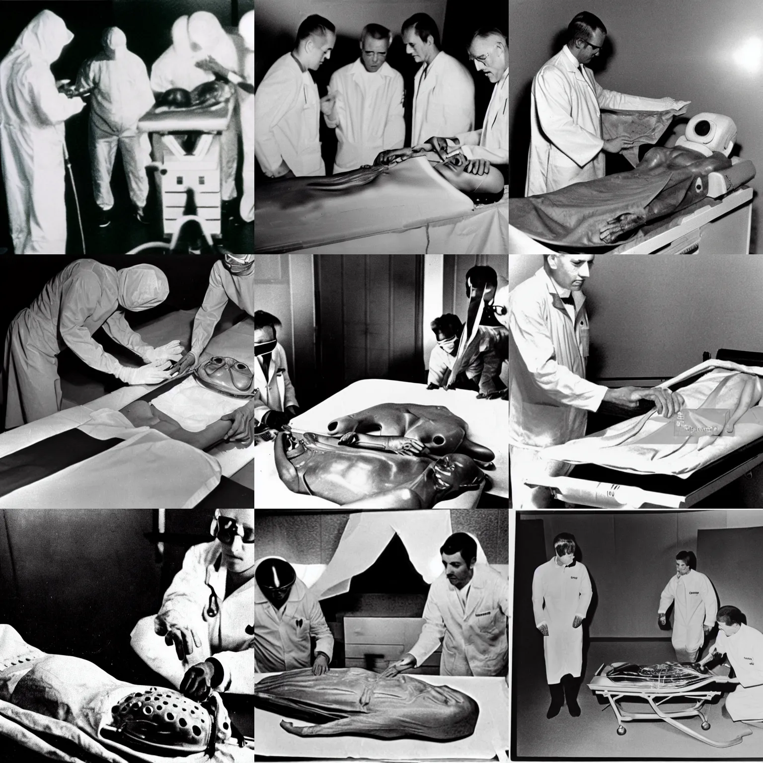 Prompt: 1960s photographic evidence of alien autopsy, doctors examining alien body partially covered by sheets