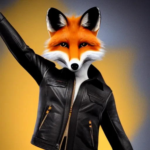 Image similar to realistic photograph of an anthropomorphic fox wearing a black leather jacket, yellow T-shirt and blue jeans, 4k detailed fur