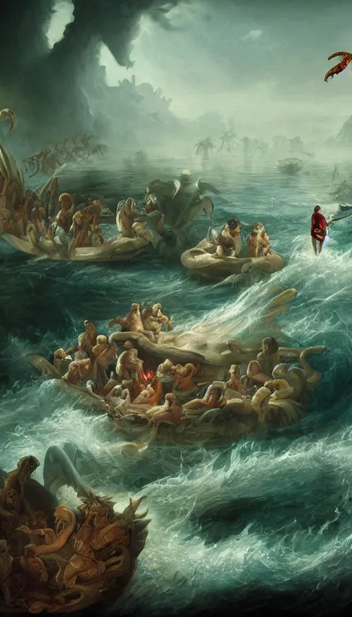 Image similar to man on boat crossing a body of water in hell with creatures in the water, sea of souls, with octane