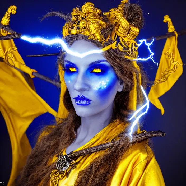 Image similar to photograph of a real - life beautiful elemental lightning witch with ornate yellow and blue robes and staff. extremely detailed. 8 k