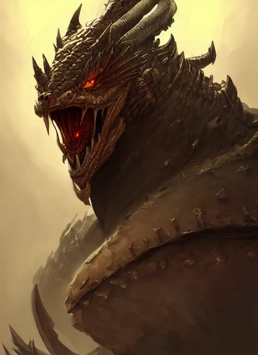 Image similar to portrait of an angry faitytale dragon the armor, beautiful face, hyper realistic, highly detailed, digital painting, artstation, illustration, concept art by hyung tae and frank frazetta, digital paint, matte paint, washed colors, eating cakes, dark, gloomy, foggy