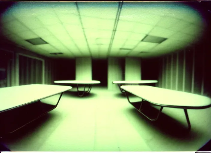 Image similar to polaroid photograph of a large white empty breakroom, retrofuturist liminal space, hundreds of old faux wood tables, crt tv mounted, trypophobia architecture, familiar place, clean, black mold, warm light, amateur, soft vintage glow, unreal engine, photorealistic, trending on artstation