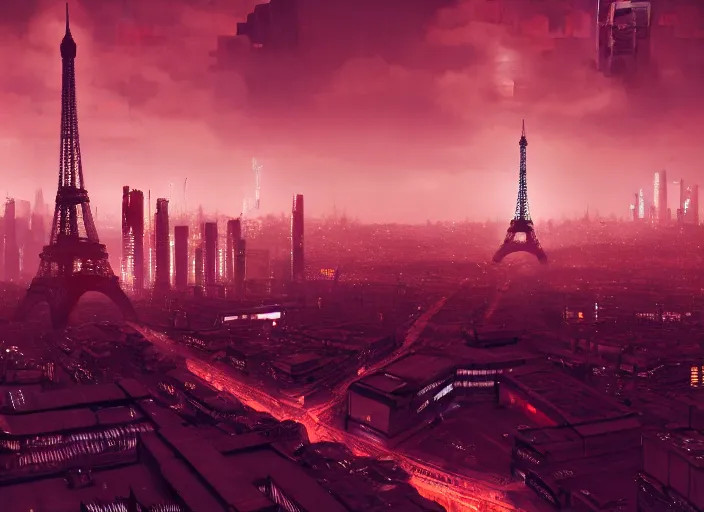 Image similar to cyberpunk scifi scene of paris skyline at night, artstation, matt painting, very detailed, maximalism, ambient occlusion, volumetric light, atmospheric haze, unreal engine, hyper realism, realistic shading, cinematic composition, realistic render, octane render, detailed textures, photorealistic, wide shot