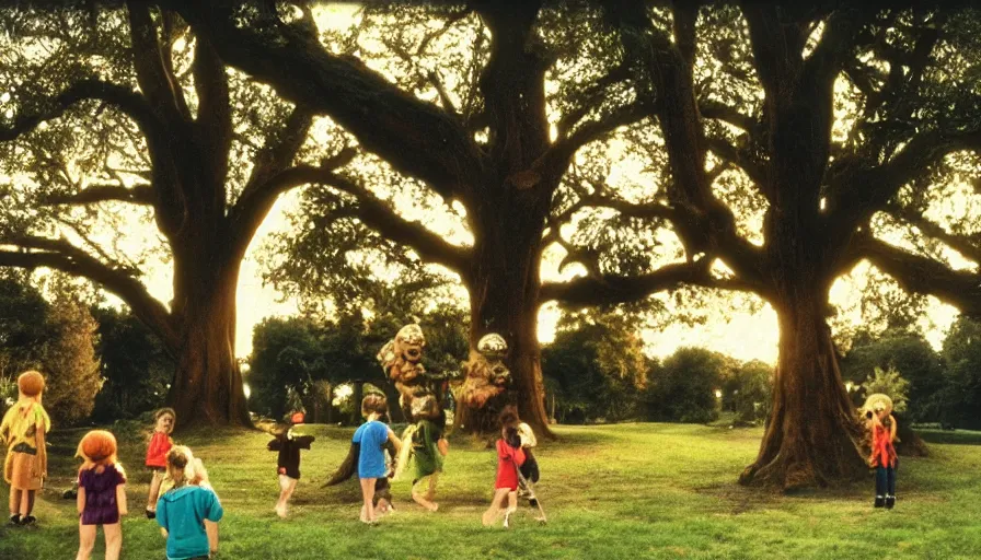 Image similar to 1990s candid photo of a beautiful day at the park, cinematic lighting, cinematic look, golden hour, large personified costumed tree people in the background, Enormous tree people mascots with friendly faces, kids talking to tree people, UHD