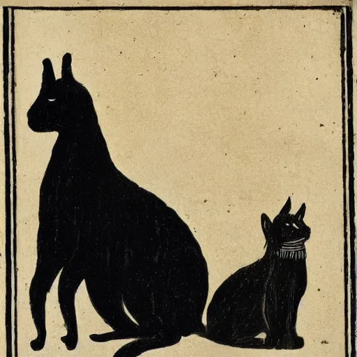 Prompt: 19th century woodcut, two black cats sitting on the back of a llama in the Andes