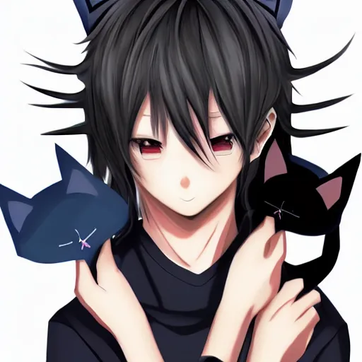 anime boy with black hair and cat ears