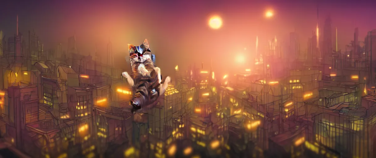 Image similar to hyper detailed concept art of choonky cute flooffy cat jumping, background the city at night sharp cinematic lighting 8k low angle shallow depth of field