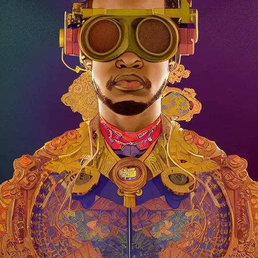 Image similar to colourful vfx upper half - portrait - art of a nigerian boywearing steam punk goggles, art by utagawa kunisada, james jean & alphonse mucha, symmetrical, intricate detail, concept art, volumetric light, ray tracing, caricature, digital illustration, octane 3 d render, unreal engine, sharp, pinterest, behance, art station,