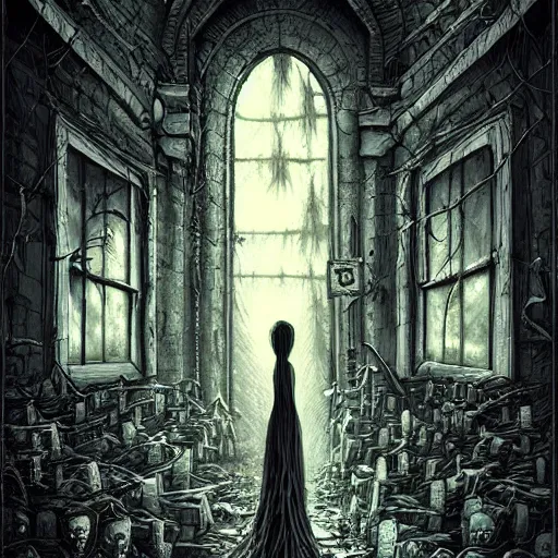 Image similar to grunge cartoon drawing of the end of the world by - michael karcz , in the style of corpse bride, horror themed, detailed, elegant, intricate