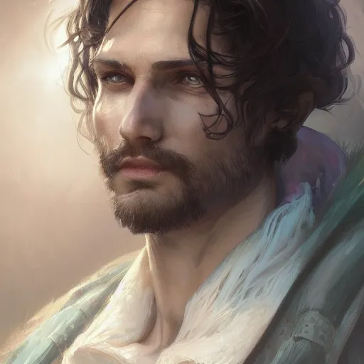 Image similar to portrait of a male necromancer, D&D, fantasy, intricate, elegant, highly detailed, digital painting, artstation, concept art, smooth, sharp focus, illustration, art by artgerm and greg rutkowski and alphonse mucha