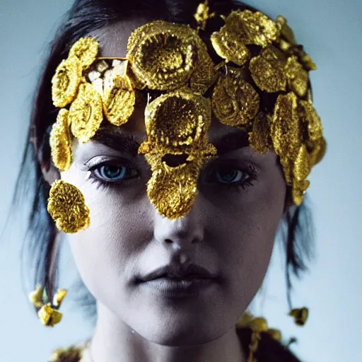 Image similar to close up portrait of a sairose Ronan cyborg with golden jewellery and flowers growing out of its head, photograph