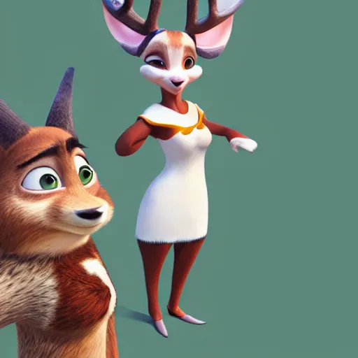 Image similar to portrait, 3 d render, tall little fat, anthropomorphic female deer, wearing along white dress, in the style of zootopia,