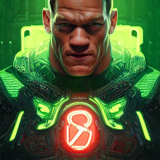 Image similar to John Cena as a superhero, full face, insipiring, detailed intricate ornate , luxurious detail, sci-fi, neon, emeralds, detailed technology full background, highly detailed, artstation, Rene Lalique and Eddie Mendoza